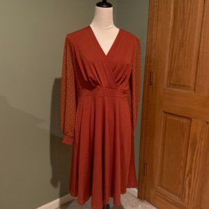 BURNT ORANGE SHEER LONG SLEEVE DRESS SIZE L  #354